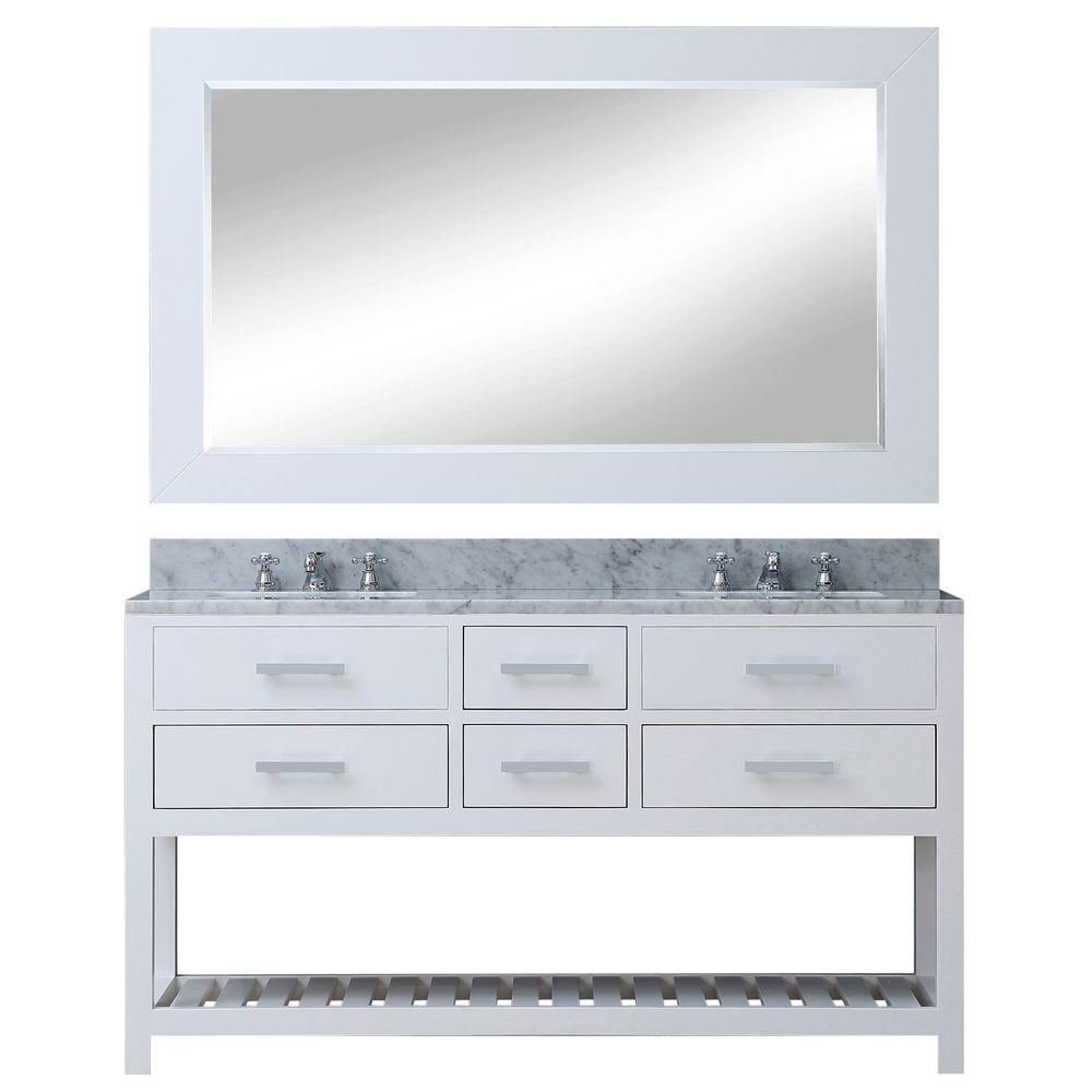 60 Inch Pure White Double Sink Bathroom Vanity With Matching Framed Mirror And Faucet From The Madalyn Collection