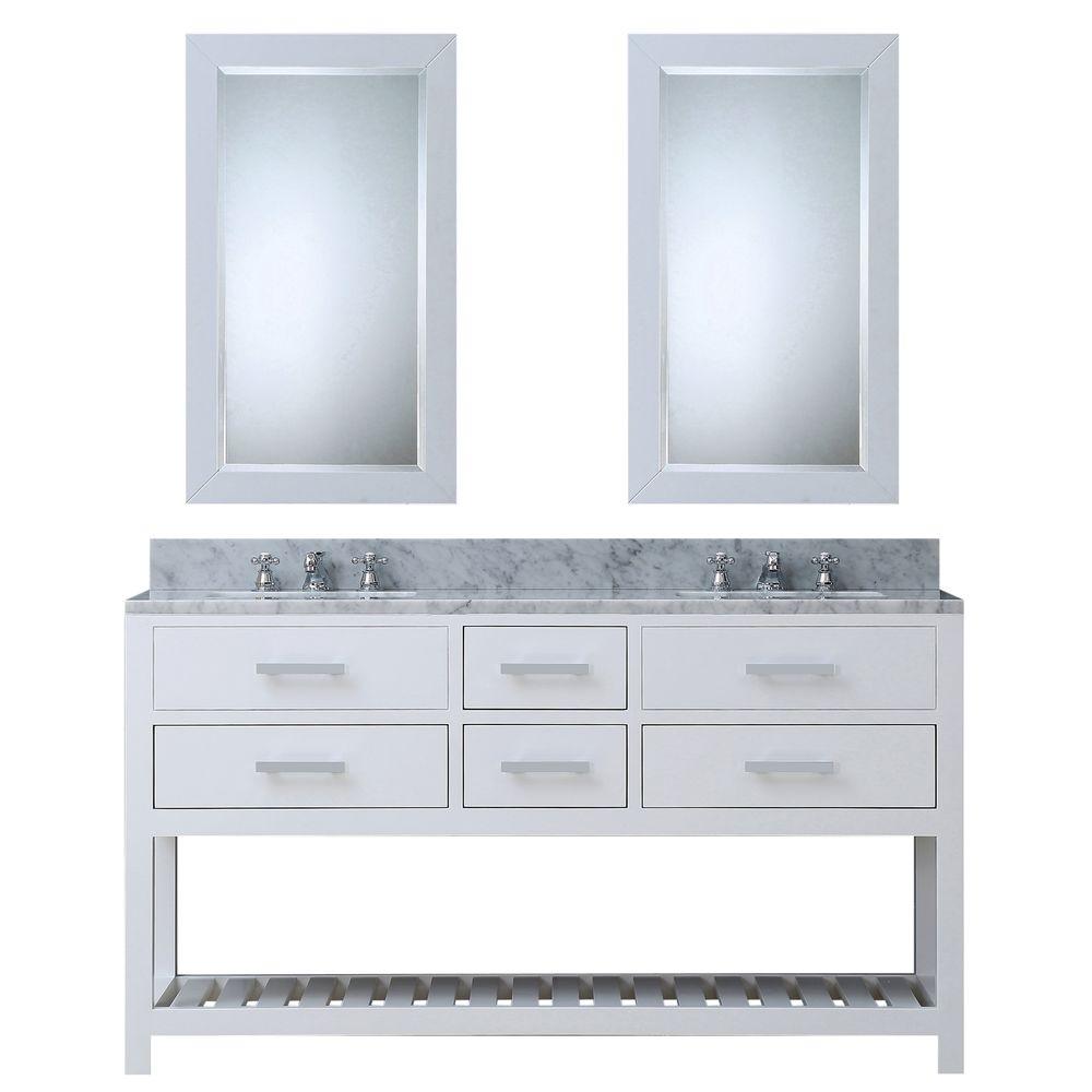 60 Inch Pure White Double Sink Bathroom Vanity With 2 Matching Framed Mirrors And Faucets From The Madalyn Collection