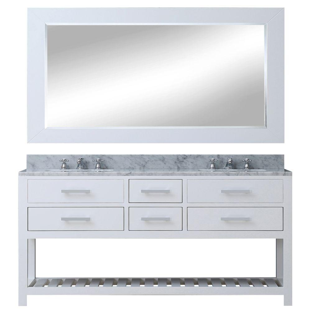 72 Inch Pure White Double Sink Bathroom Vanity With Matching Framed Mirror And Faucet From The Madalyn Collection