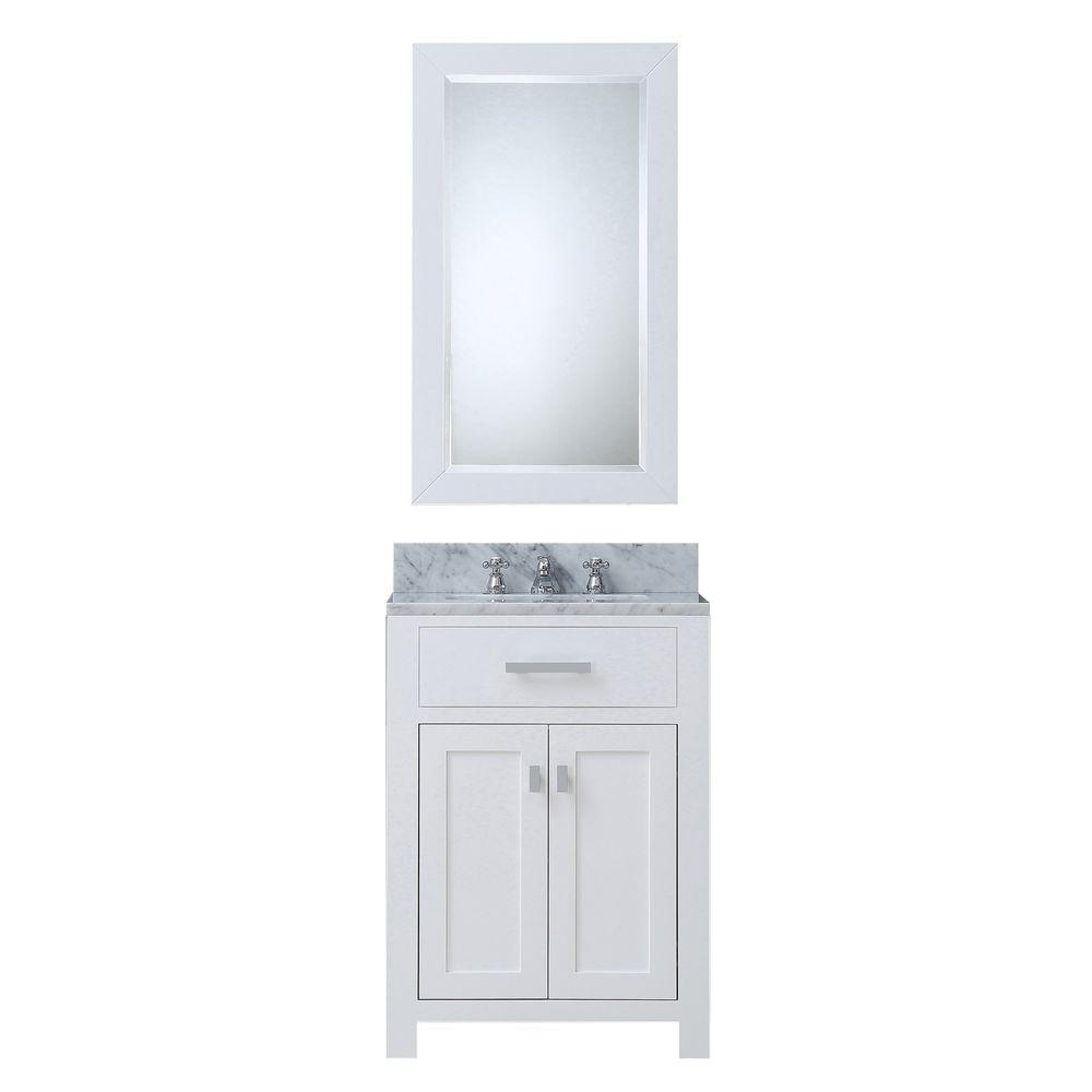 24 Inch Pure White Single Sink Bathroom Vanity With Matching Framed Mirror And Faucet From The Madison Collection