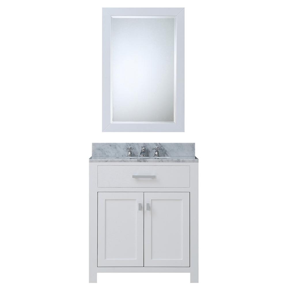 30 Inch Pure White Single Sink Bathroom Vanity With Matching Framed Mirror From The Madison Collection