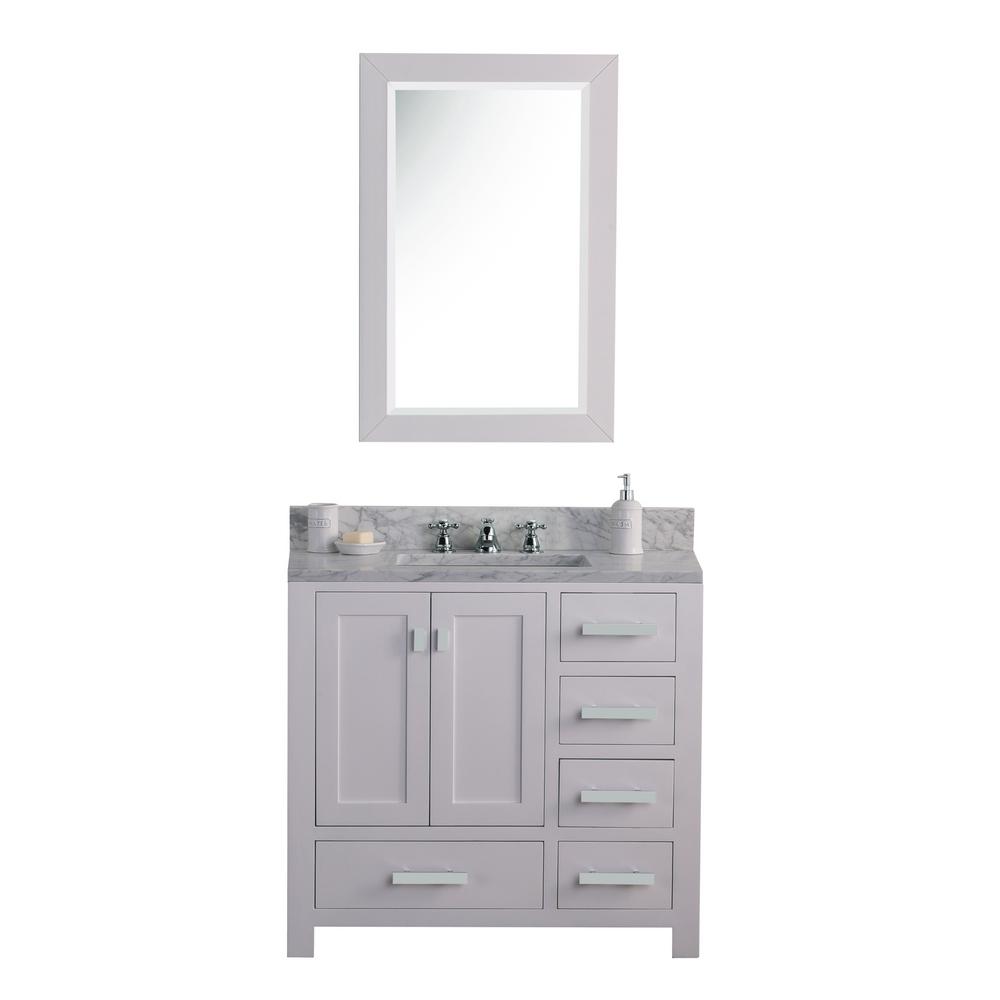 36 Inch Wide Pure White Single Sink Bathroom Vanity With Matching Mirror And Faucet(s) From The Madison Collection