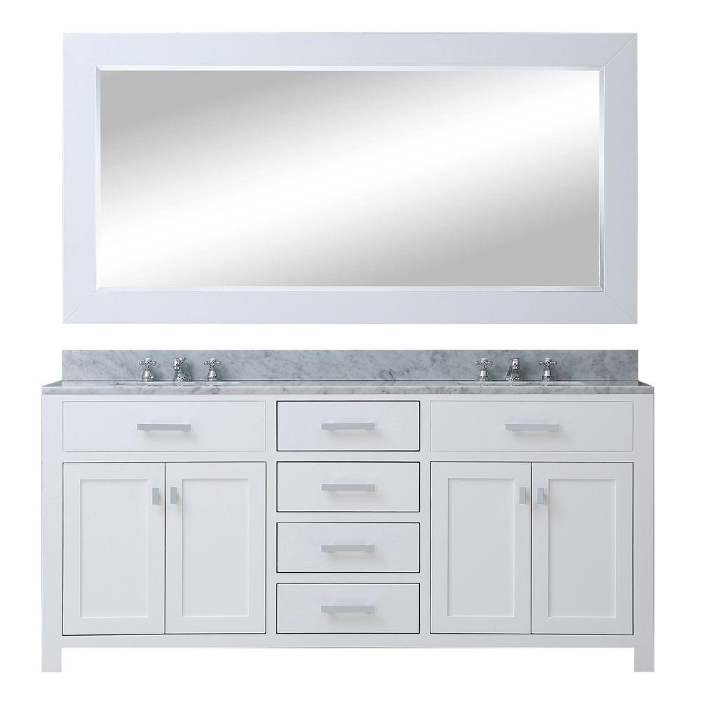 60 Inch Pure White Double Sink Bathroom Vanity With Matching Framed Mirror And Faucet From The Madison Collection