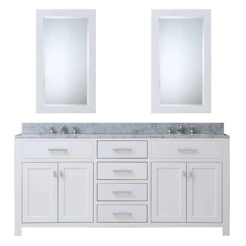 72 Inch Pure White Double Sink Bathroom Vanity With 2 Matching Framed Mirrors And Faucets From The Madison Collection