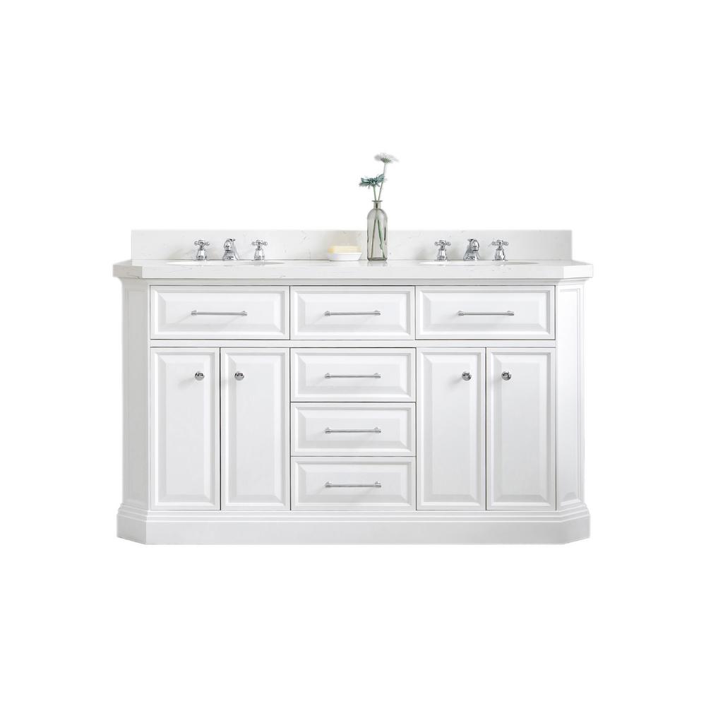 60" Palace Collection Quartz Carrara Pure White Bathroom Vanity Set With Hardware in Chrome Finish
