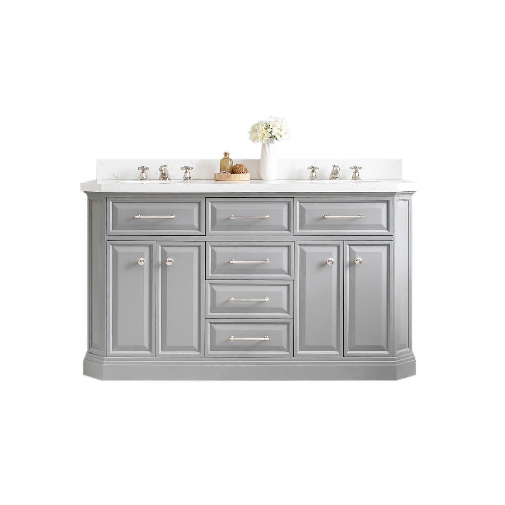 60" Palace Collection Quartz Carrara Cashmere Grey Bathroom Vanity Set With Hardware in Polished Nickel (PVD) Finish