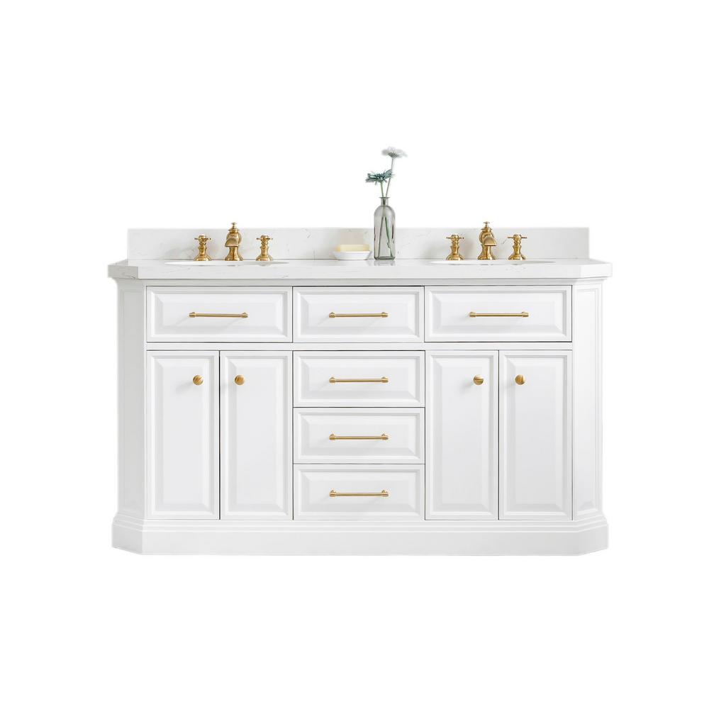 60" Palace Collection Quartz Carrara Pure White Bathroom Vanity Set With Hardware in Satin Gold Finish And Only Mirrors in Chrom