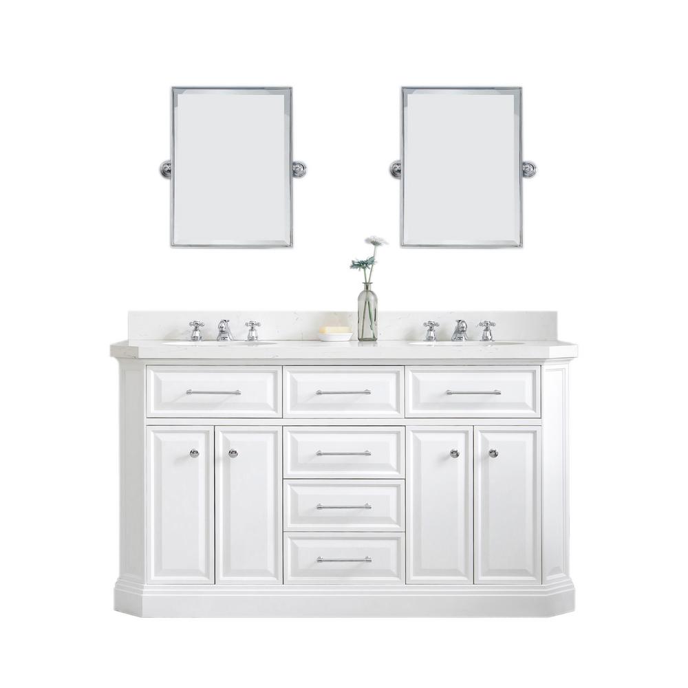 60" Palace Collection Quartz Carrara Pure White Bathroom Vanity Set With Hardware, Mirror in Chrome Finish