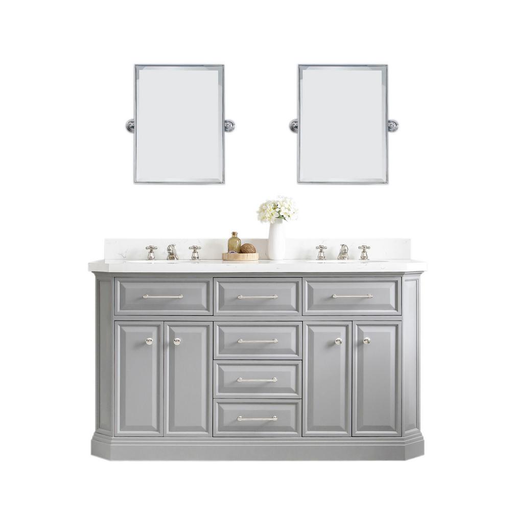 60" Palace Collection Quartz Carrara Cashmere Grey Bathroom Vanity Set With Hardware, Mirror in Polished Nickel (PVD) Finish