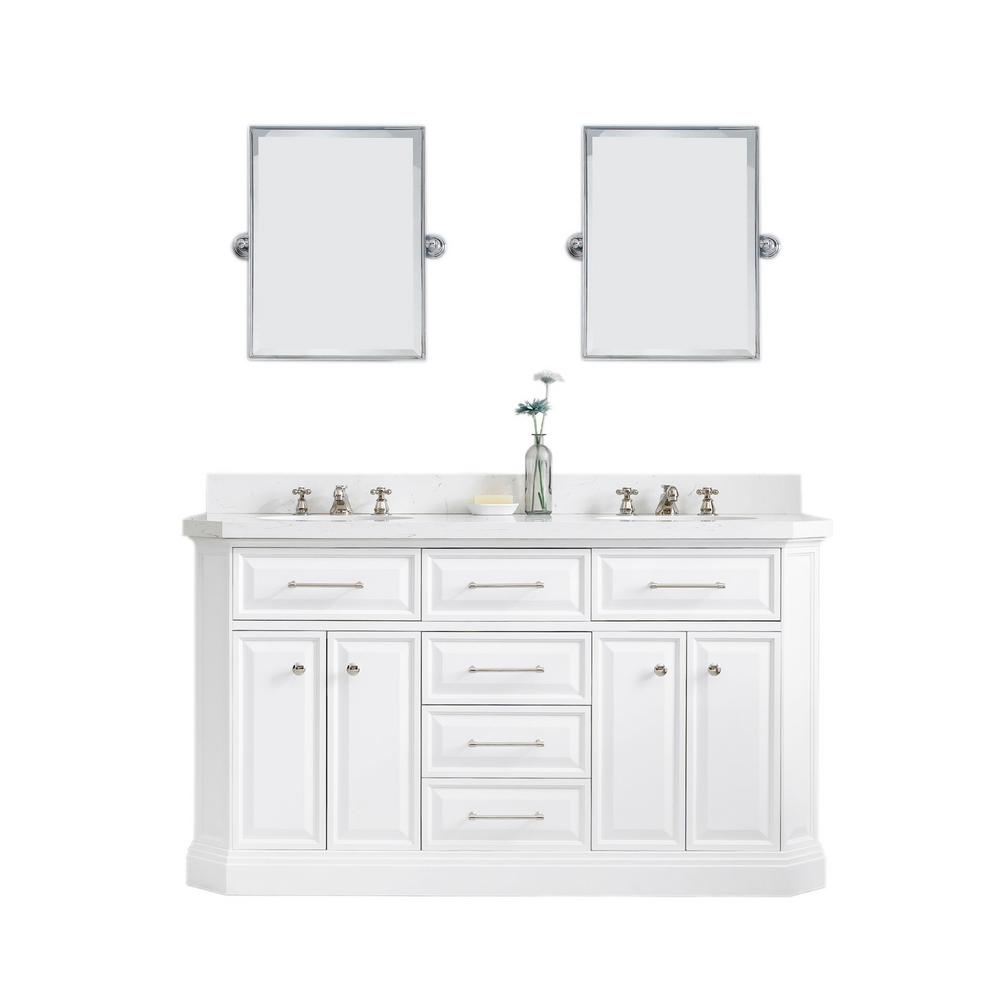 60" Palace Collection Quartz Carrara Pure White Bathroom Vanity Set With Hardware, Mirror in Polished Nickel (PVD) Finish