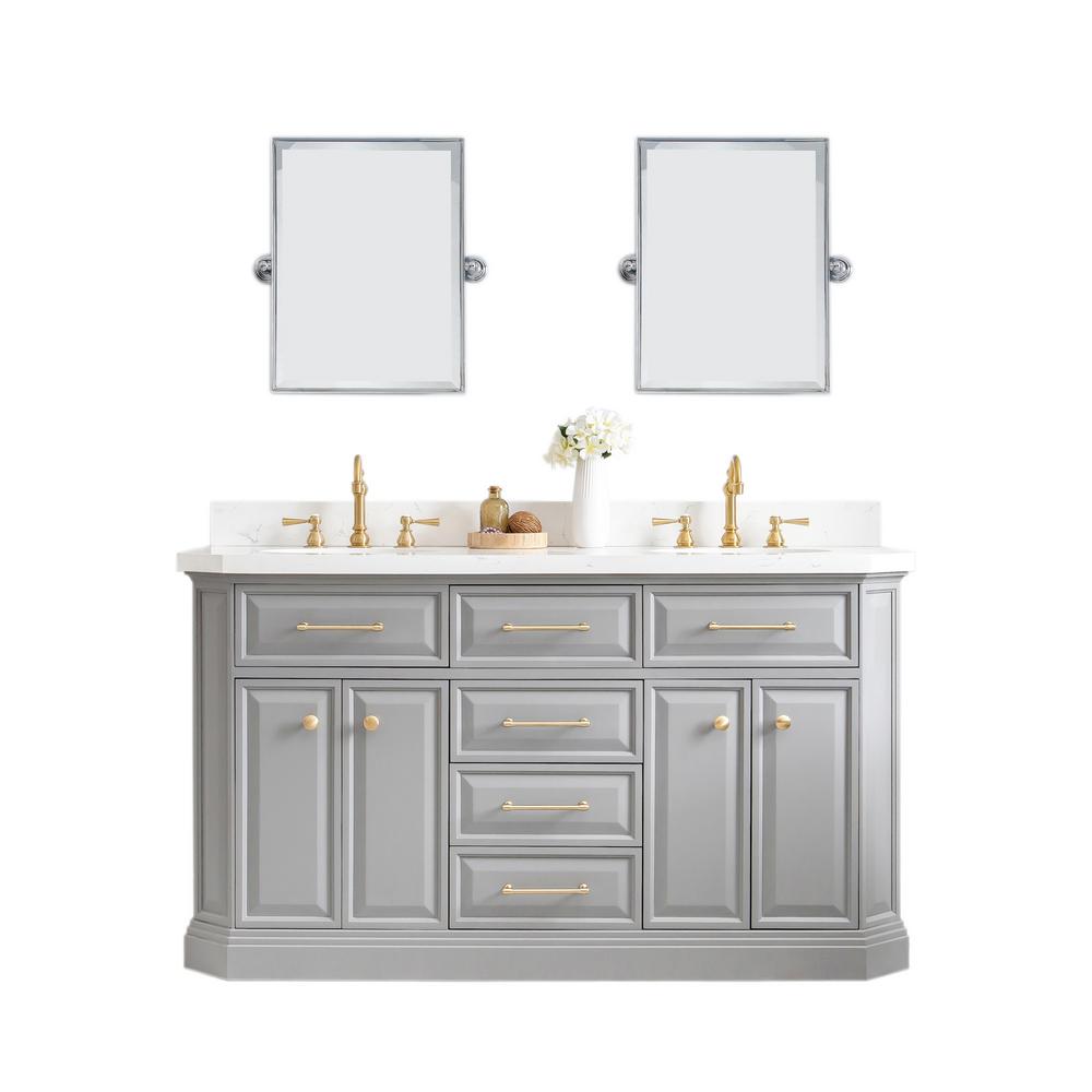 60" Palace Collection Quartz Carrara Cashmere Grey Bathroom Vanity Set With Hardware in Satin Gold Finish And Only Mirrors in Ch