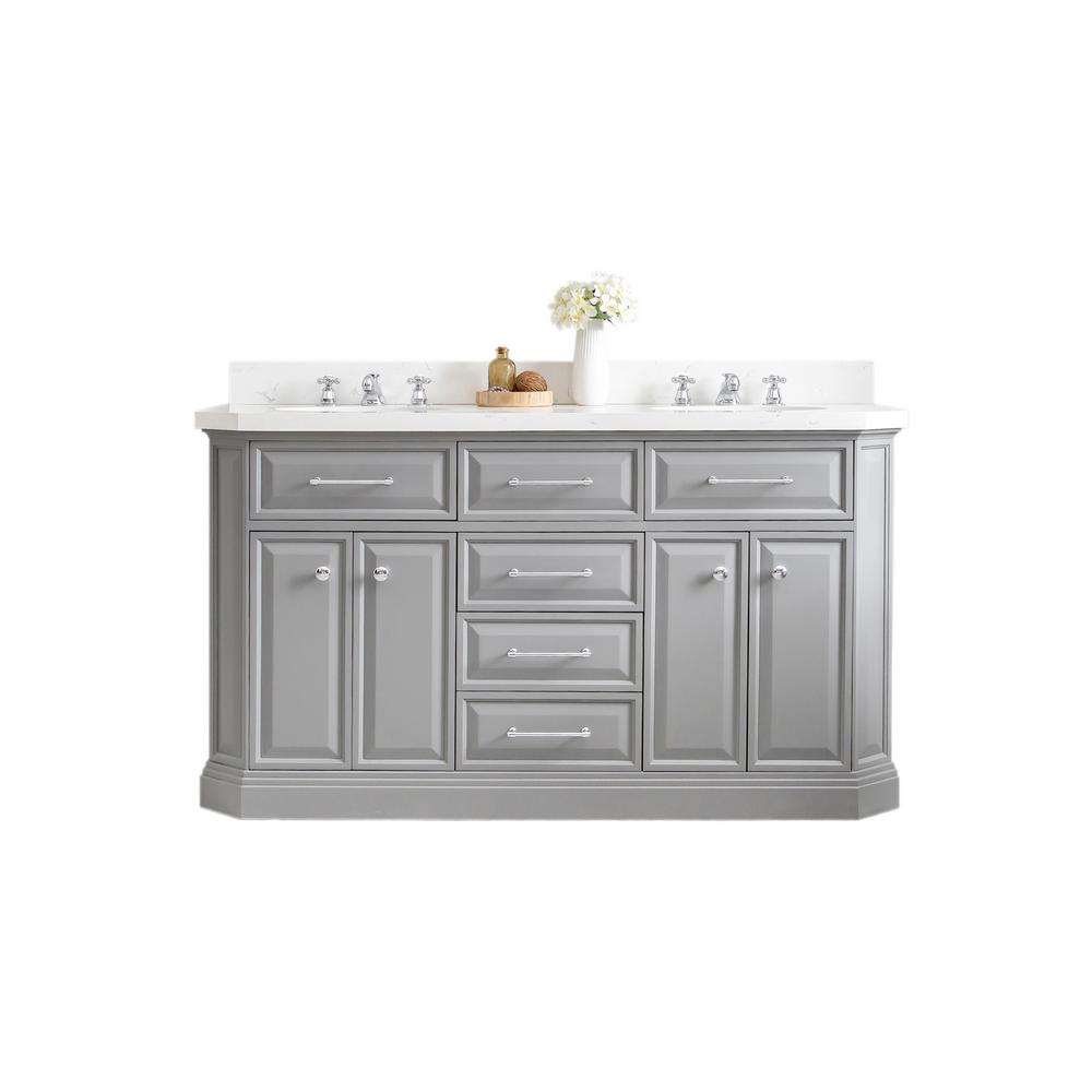 60" Palace Collection Quartz Carrara Cashmere Grey Bathroom Vanity Set With Hardware And F2-0009 Faucets in Chrome Finish