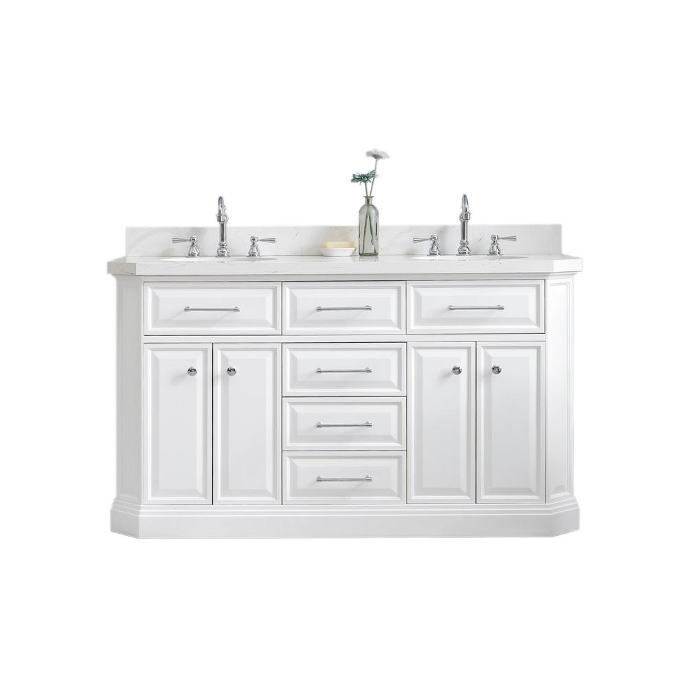 60" Palace Collection Quartz Carrara Pure White Bathroom Vanity Set With Hardware And F2-0012 Faucets in Chrome Finish