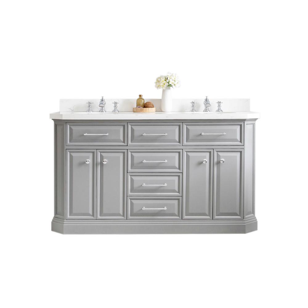 60" Palace Collection Quartz Carrara Cashmere Grey Bathroom Vanity Set With Hardware And F2-0013 Faucets in Chrome Finish