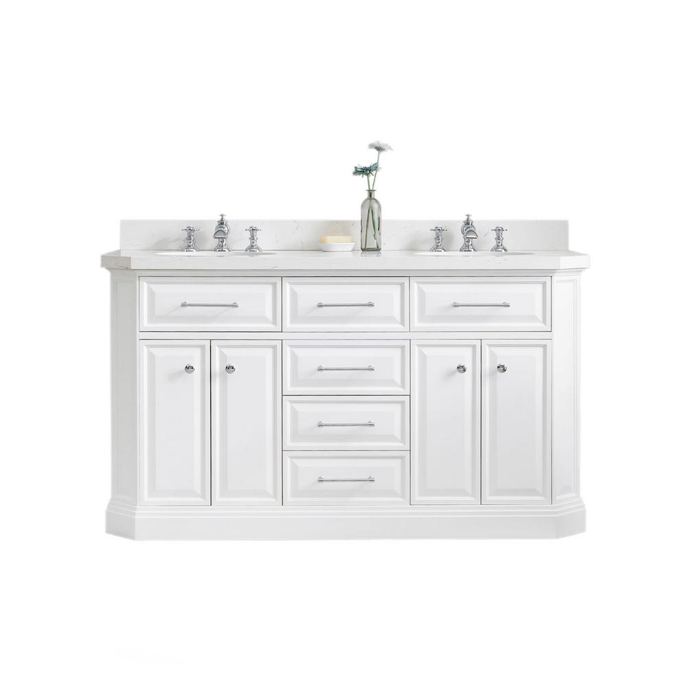 60" Palace Collection Quartz Carrara Pure White Bathroom Vanity Set With Hardware And F2-0013 Faucets in Chrome Finish