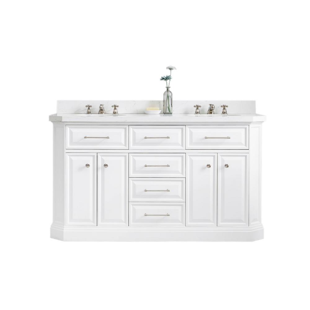 60" Palace Collection Quartz Carrara Pure White Bathroom Vanity Set With Hardware And F2-0009 Faucets in Polished Nickel (PVD) F