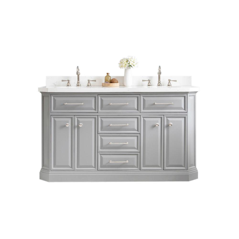 60" Palace Collection Quartz Carrara Cashmere Grey Bathroom Vanity Set With Hardware And F2-0012 Faucets in Polished Nickel (PVD