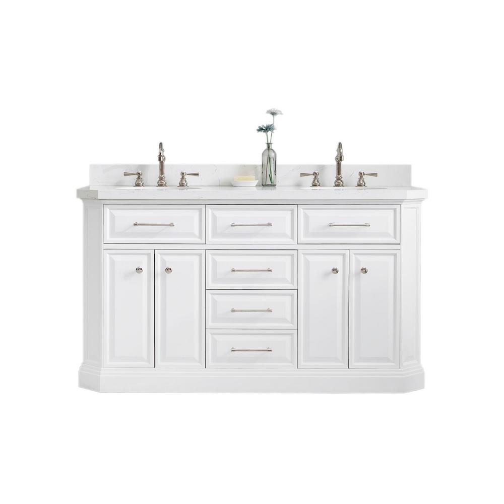 60" Palace Collection Quartz Carrara Pure White Bathroom Vanity Set With Hardware And F2-0012 Faucets in Polished Nickel (PVD) F