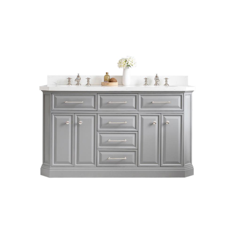 60" Palace Collection Quartz Carrara Cashmere Grey Bathroom Vanity Set With Hardware And F2-0013 Faucets in Polished Nickel (PVD