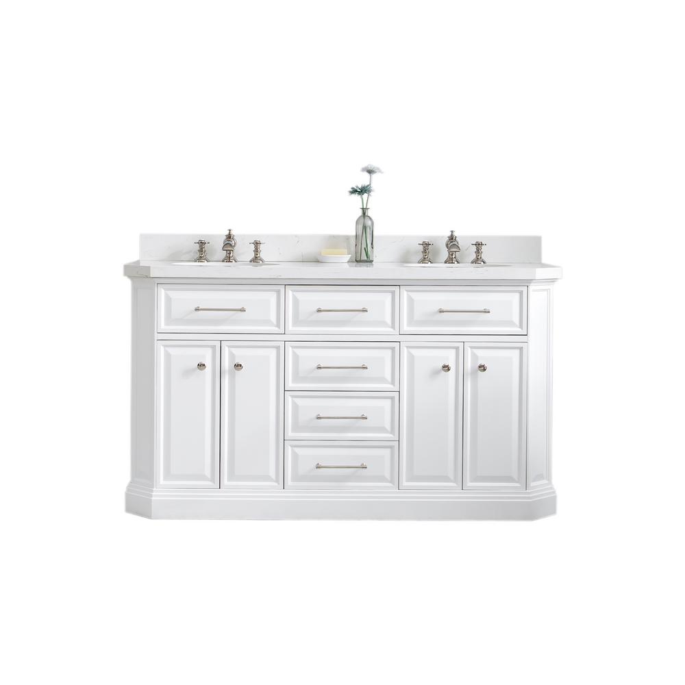 60" Palace Collection Quartz Carrara Pure White Bathroom Vanity Set With Hardware And F2-0013 Faucets in Polished Nickel (PVD) F