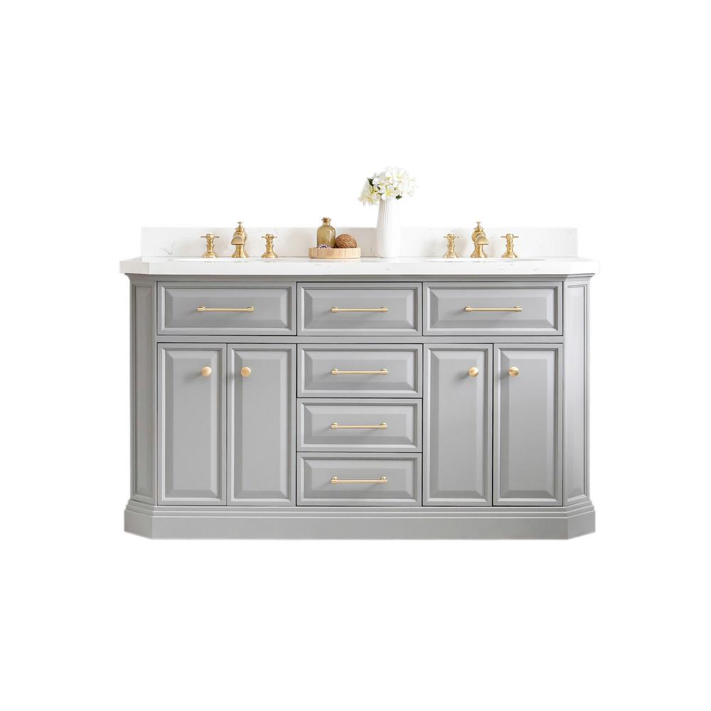 60" Palace Collection Quartz Carrara Cashmere Grey Bathroom Vanity Set With Hardware And F2-0013 Faucets in Satin Gold Finish An