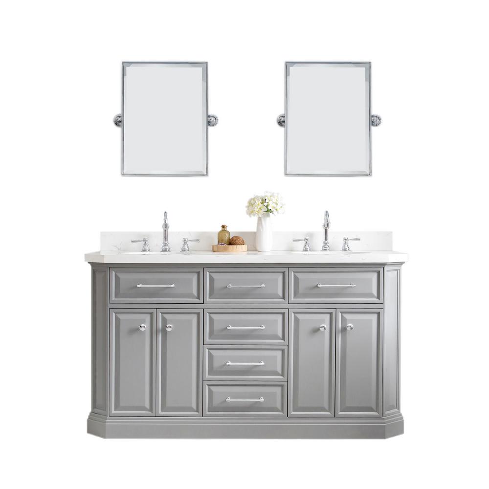 60" Palace Collection Quartz Carrara Cashmere Grey Bathroom Vanity Set With Hardware And F2-0012 Faucets, Mirror in Chrome Finis