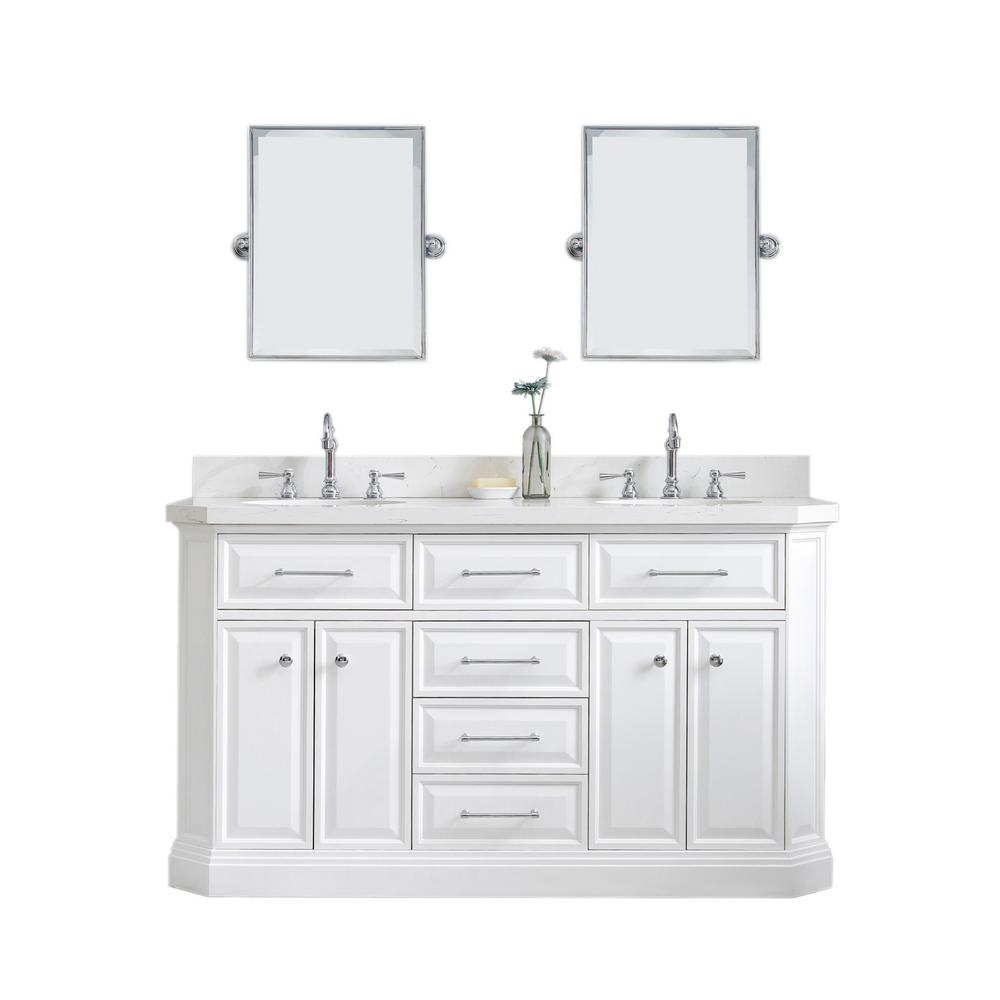 60" Palace Collection Quartz Carrara Pure White Bathroom Vanity Set With Hardware And F2-0012 Faucets, Mirror in Chrome Finish