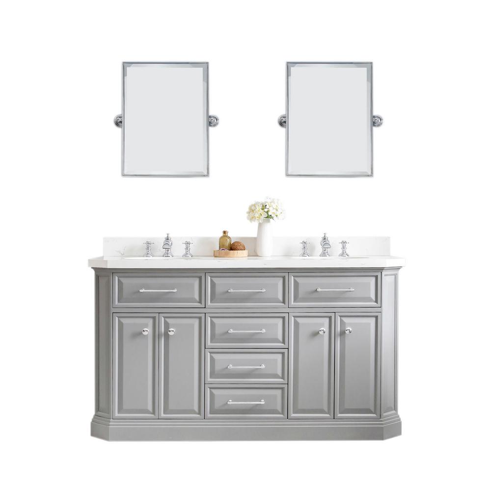 60" Palace Collection Quartz Carrara Cashmere Grey Bathroom Vanity Set With Hardware And F2-0013 Faucets, Mirror in Chrome Finis