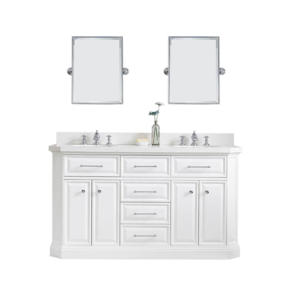 60" Palace Collection Quartz Carrara Pure White Bathroom Vanity Set With Hardware And F2-0013 Faucets, Mirror in Chrome Finish