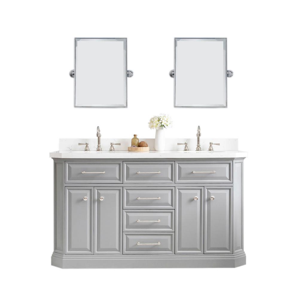 60" Palace Collection Quartz Carrara Cashmere Grey Bathroom Vanity Set With Hardware And F2-0012 Faucets, Mirror in Polished Nic