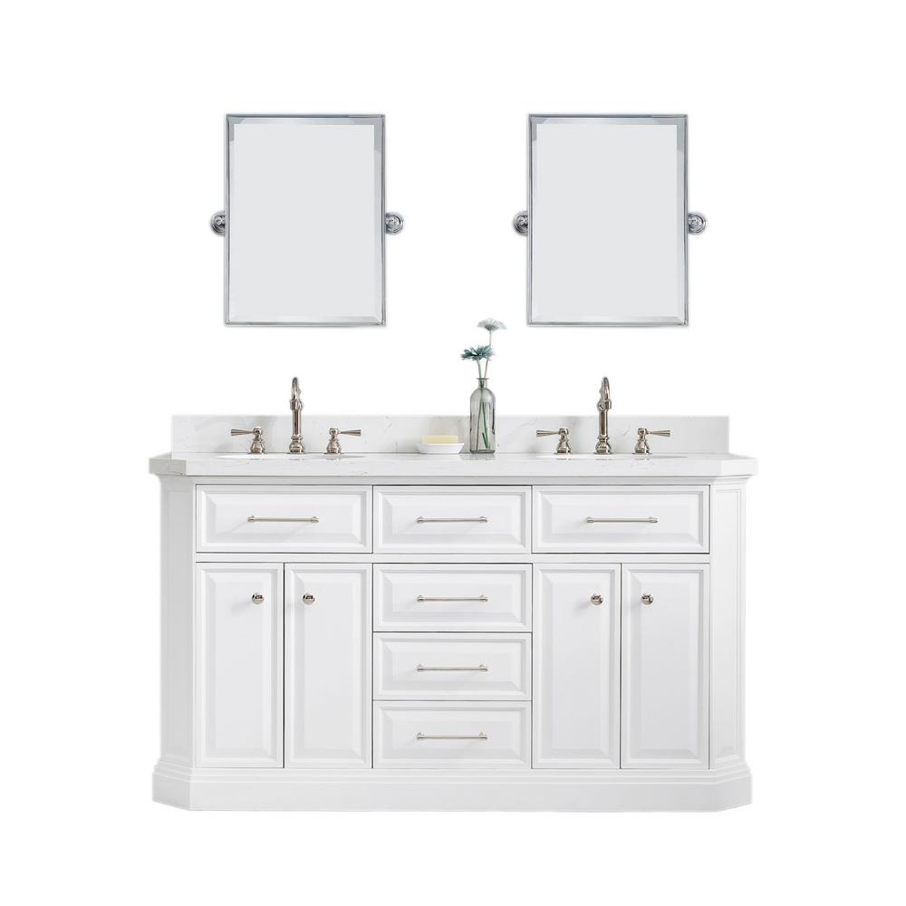 60" Palace Collection Quartz Carrara Pure White Bathroom Vanity Set With Hardware And F2-0012 Faucets, Mirror in Polished Nickel