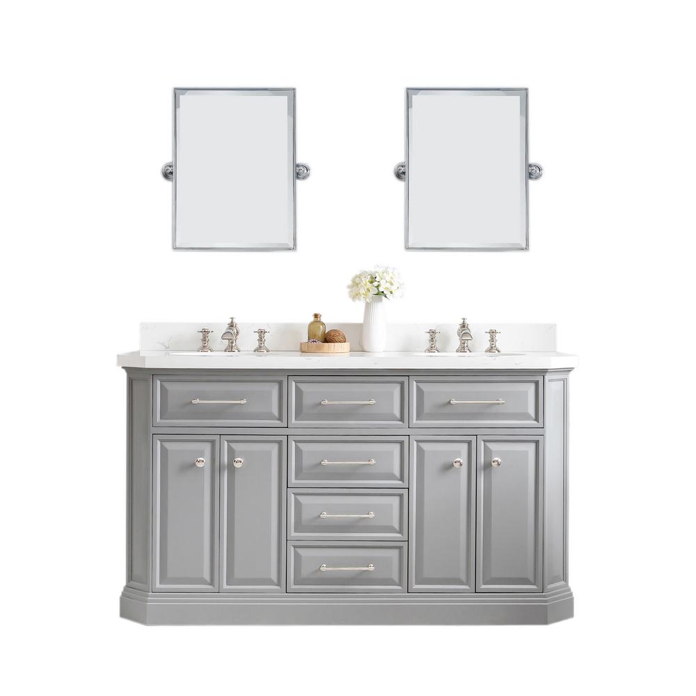 60" Palace Collection Quartz Carrara Cashmere Grey Bathroom Vanity Set With Hardware And F2-0013 Faucets, Mirror in Polished Nic