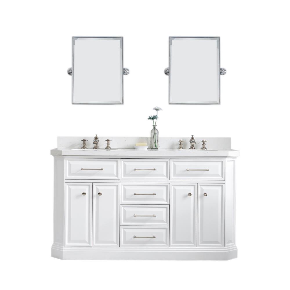 60" Palace Collection Quartz Carrara Pure White Bathroom Vanity Set With Hardware And F2-0013 Faucets, Mirror in Polished Nickel