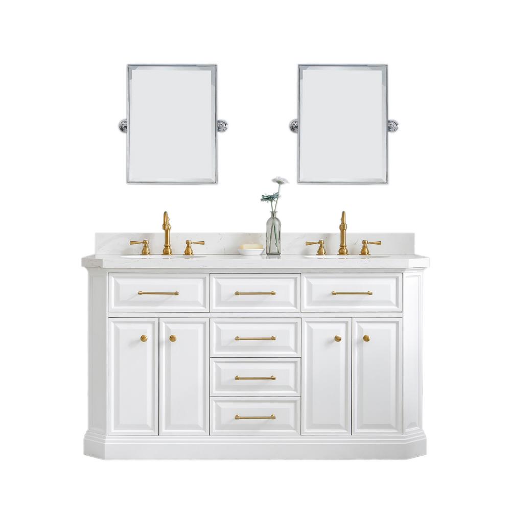 60" Palace Collection Quartz Carrara Pure White Bathroom Vanity Set With Hardware And F2-0012 Faucets in Satin Gold Finish And O