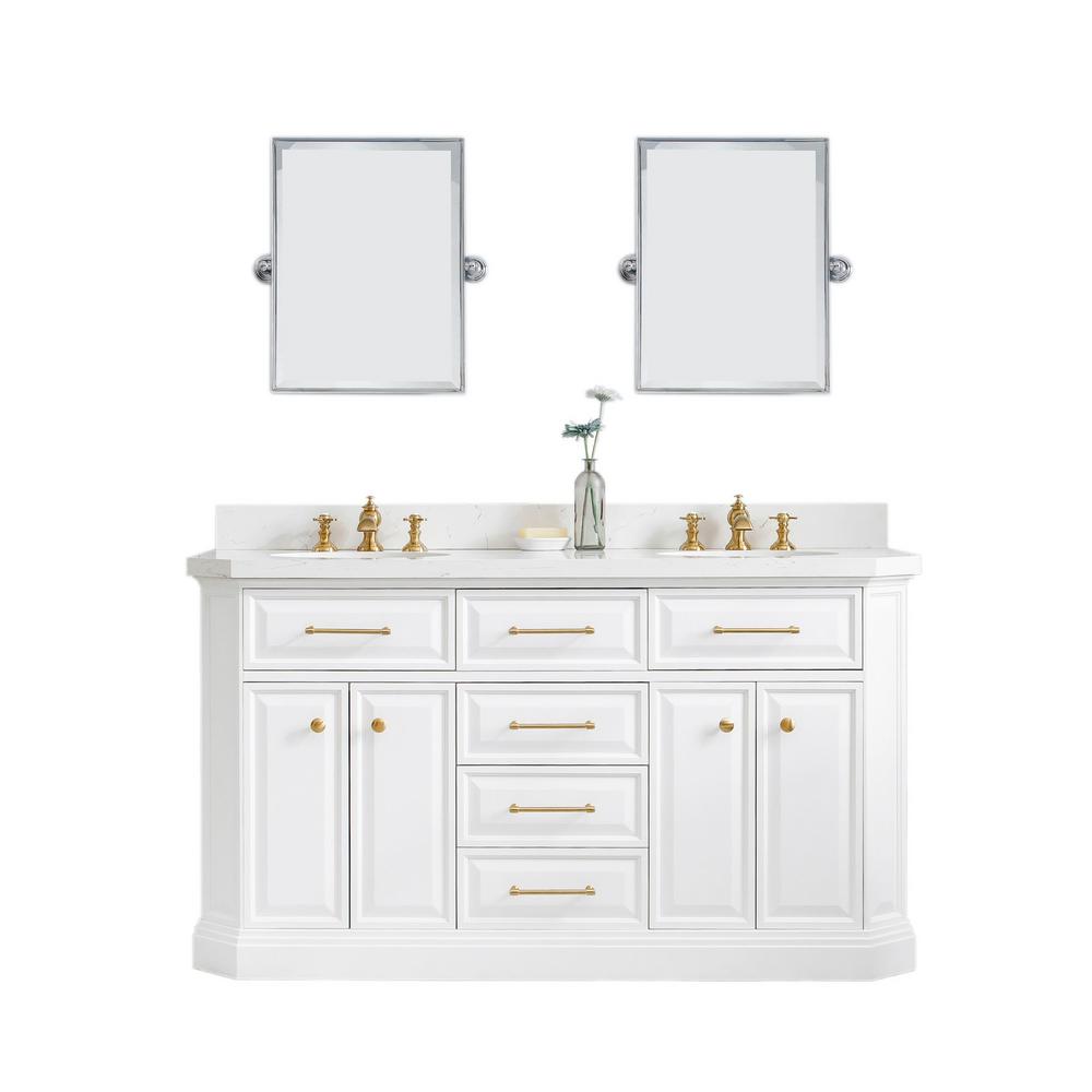 60" Palace Collection Quartz Carrara Pure White Bathroom Vanity Set With Hardware And F2-0013 Faucets in Satin Gold Finish And O