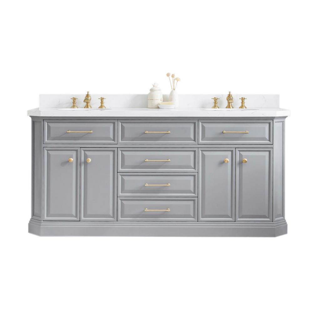72" Palace Collection Quartz Carrara Cashmere Grey Bathroom Vanity Set With Hardware in Satin Gold Finish And Only Mirrors in Ch