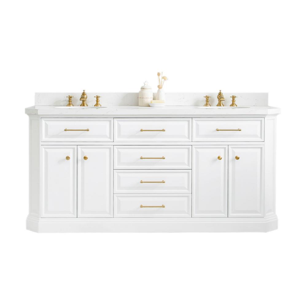 72" Palace Collection Quartz Carrara Pure White Bathroom Vanity Set With Hardware in Satin Gold Finish And Only Mirrors in Chrom
