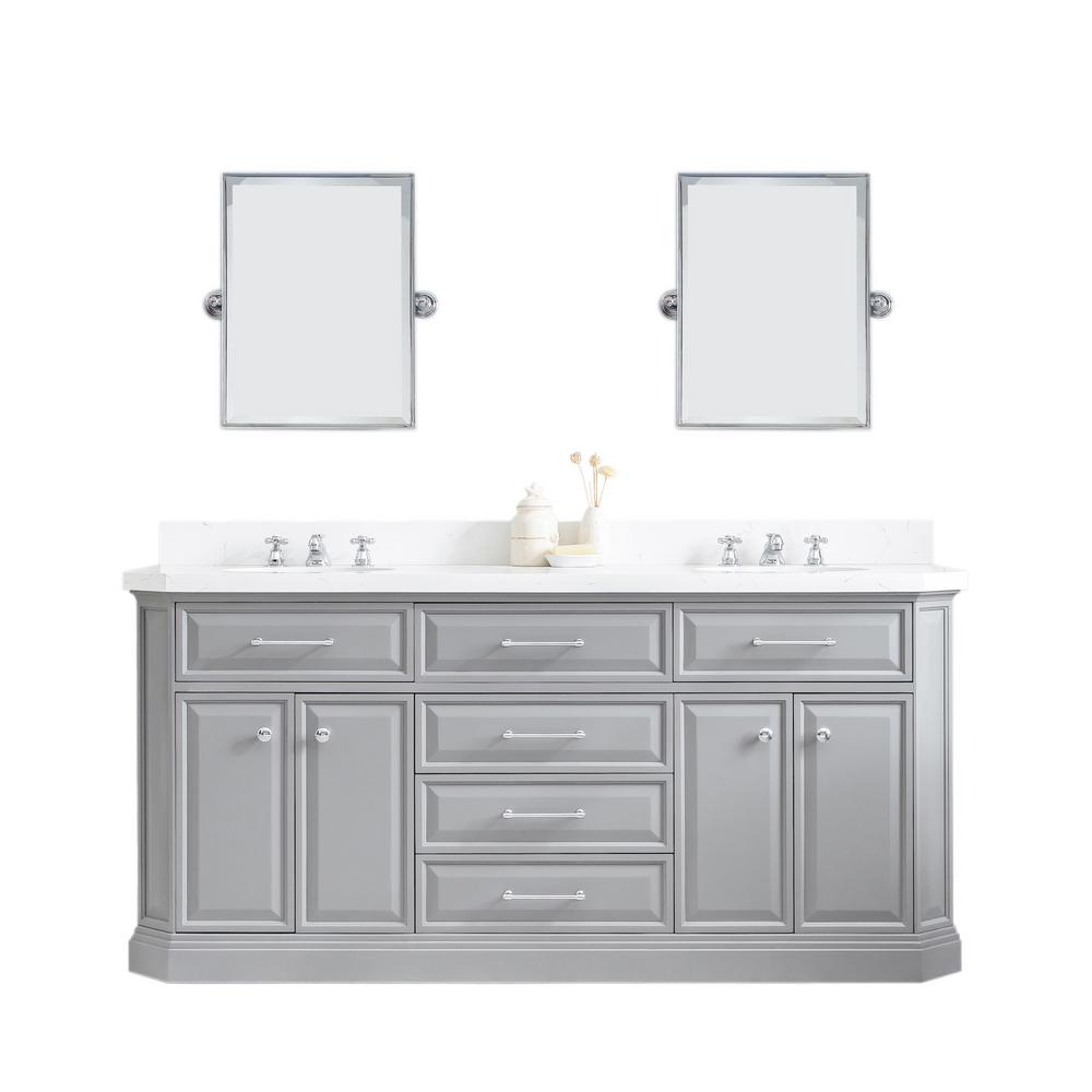 72" Palace Collection Quartz Carrara Cashmere Grey Bathroom Vanity Set With Hardware, Mirror in Chrome Finish