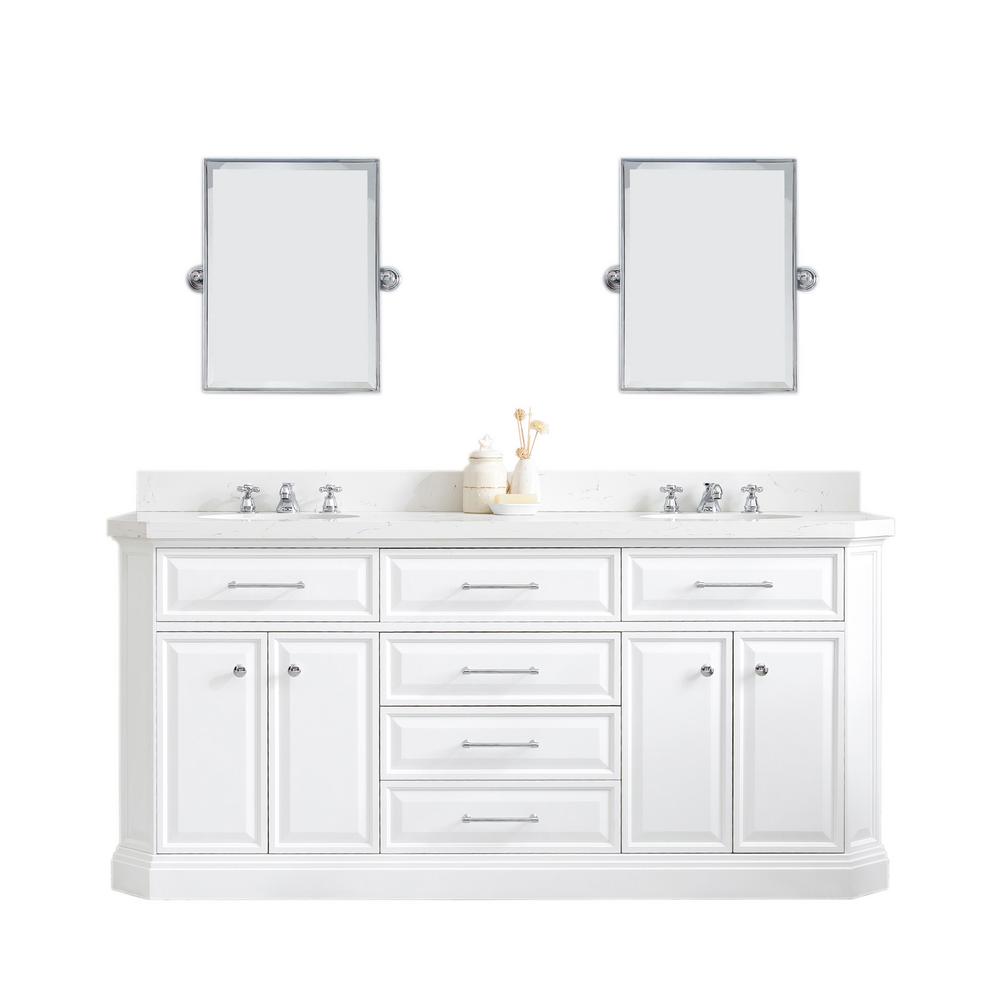 72" Palace Collection Quartz Carrara Pure White Bathroom Vanity Set With Hardware, Mirror in Chrome Finish