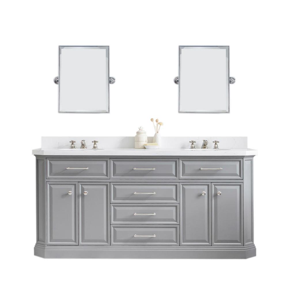 72" Palace Collection Quartz Carrara Cashmere Grey Bathroom Vanity Set With Hardware, Mirror in Polished Nickel (PVD) Finish