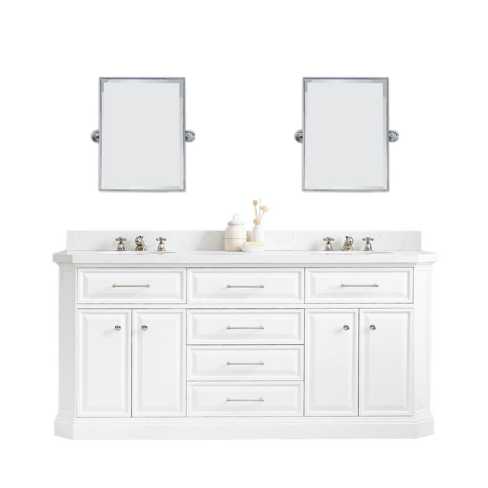 72" Palace Collection Quartz Carrara Pure White Bathroom Vanity Set With Hardware, Mirror in Polished Nickel (PVD) Finish