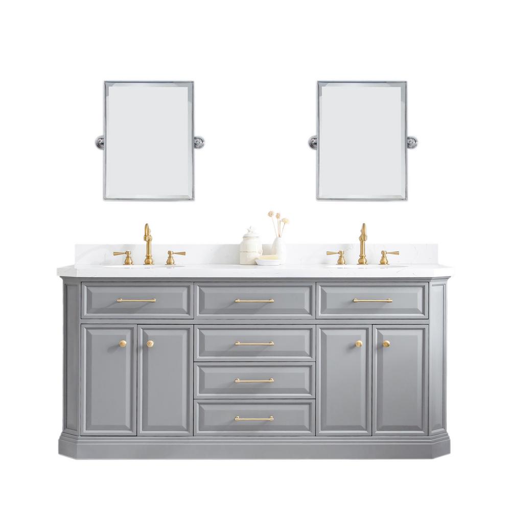 72" Palace Collection Quartz Carrara Cashmere Grey Bathroom Vanity Set With Hardware in Satin Gold Finish And Only Mirrors in Ch