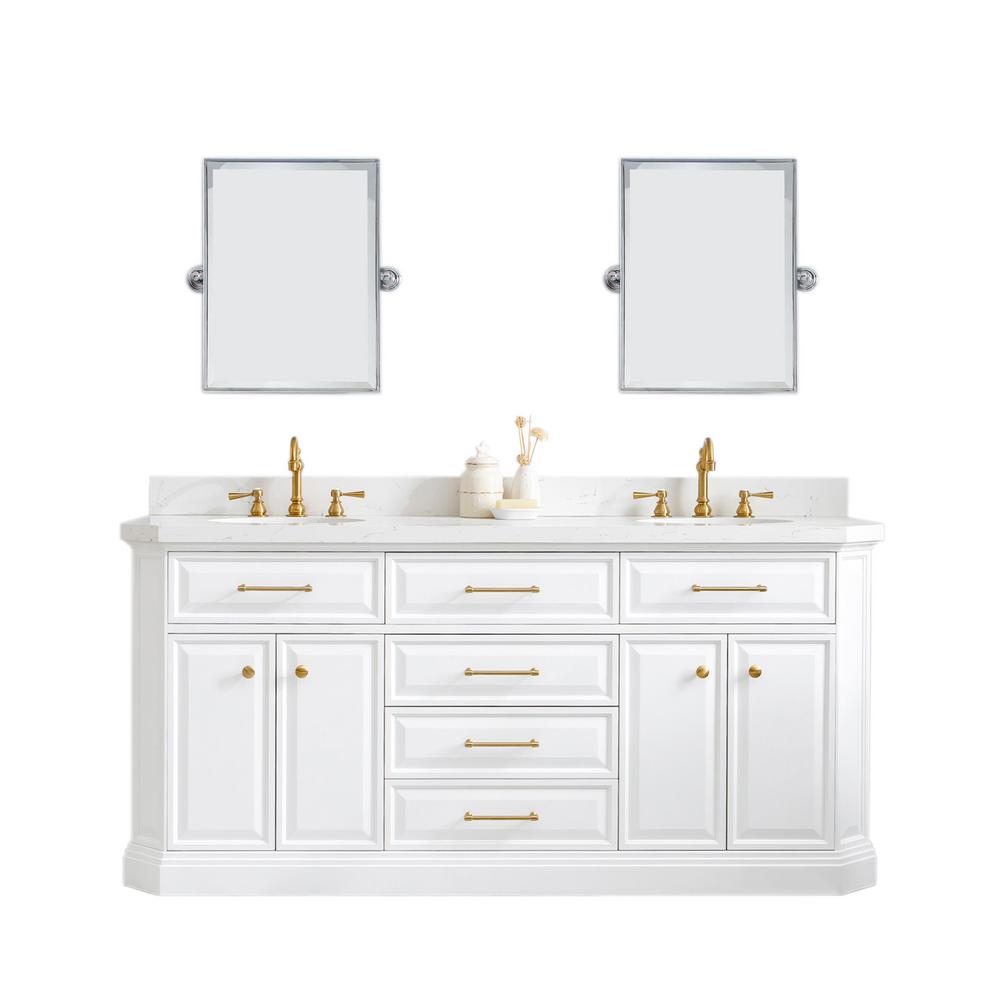 72" Palace Collection Quartz Carrara Pure White Bathroom Vanity Set With Hardware in Satin Gold Finish And Only Mirrors in Chrom