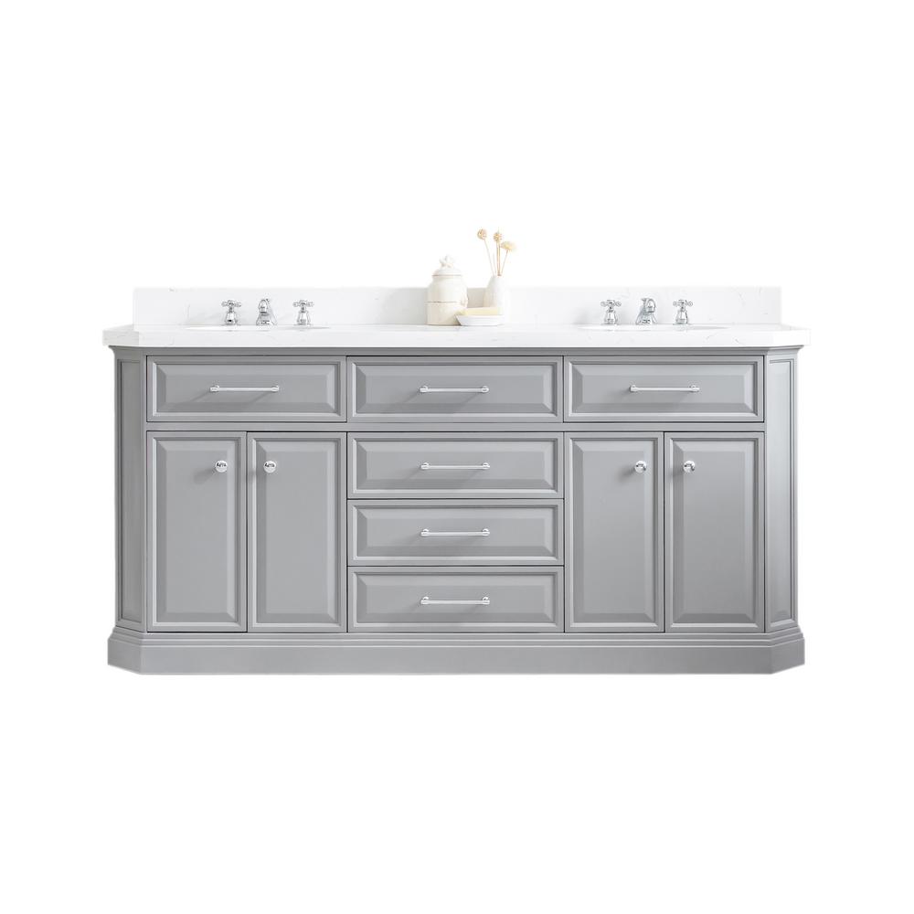 72" Palace Collection Quartz Carrara Cashmere Grey Bathroom Vanity Set With Hardware And F2-0009 Faucets in Chrome Finish