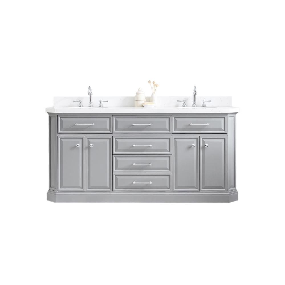 72" Palace Collection Quartz Carrara Cashmere Grey Bathroom Vanity Set With Hardware And F2-0012 Faucets in Chrome Finish