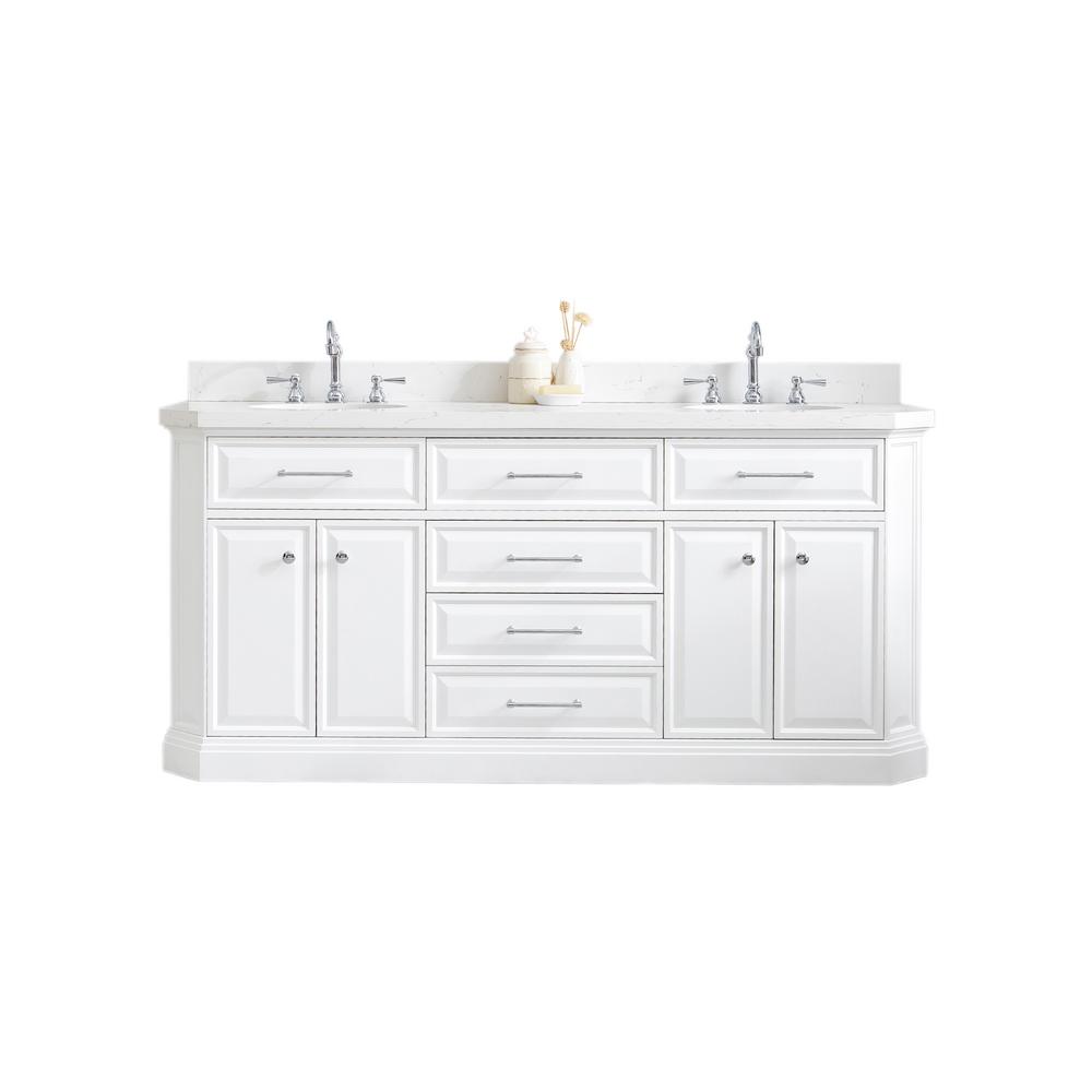 72" Palace Collection Quartz Carrara Pure White Bathroom Vanity Set With Hardware And F2-0012 Faucets in Chrome Finish