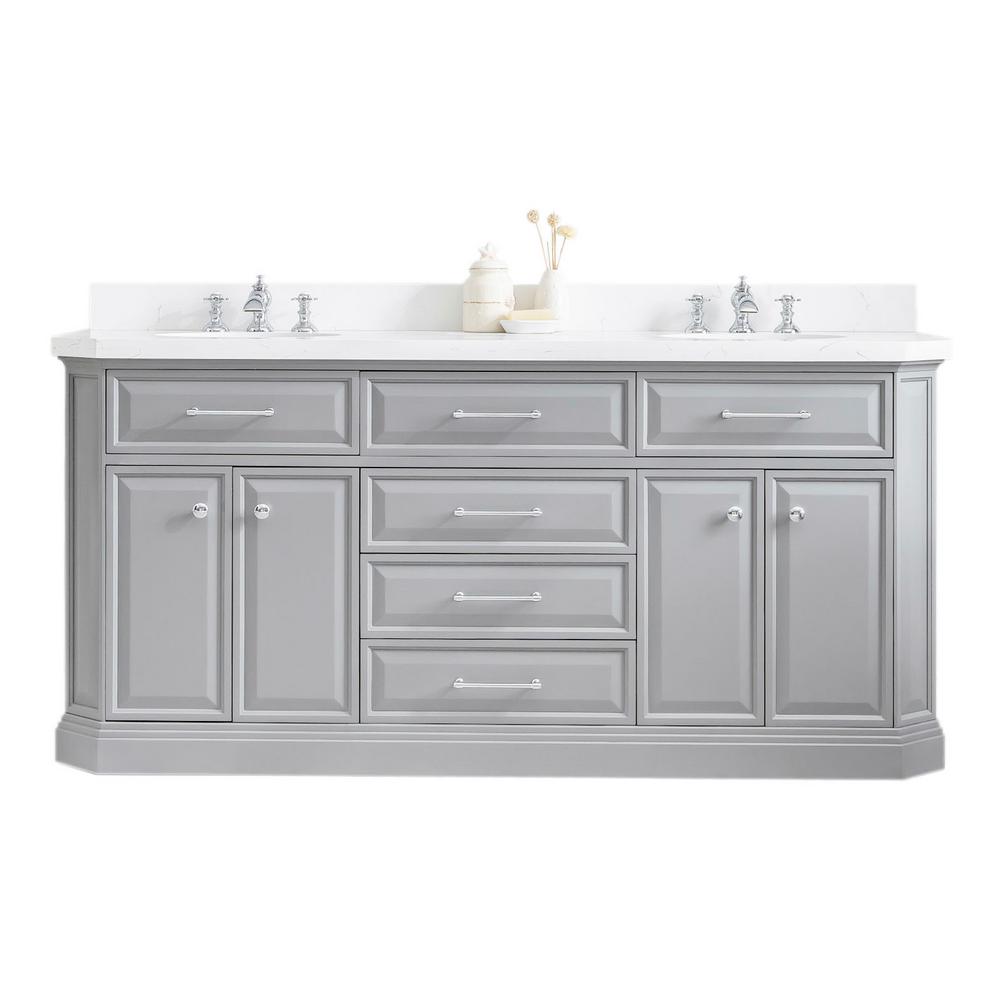 72" Palace Collection Quartz Carrara Cashmere Grey Bathroom Vanity Set With Hardware And F2-0013 Faucets in Chrome Finish