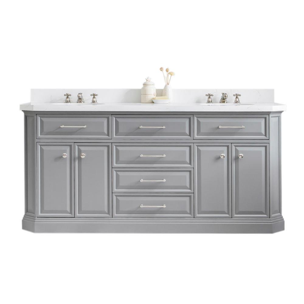 72" Palace Collection Quartz Carrara Cashmere Grey Bathroom Vanity Set With Hardware And F2-0009 Faucets in Polished Nickel (PVD
