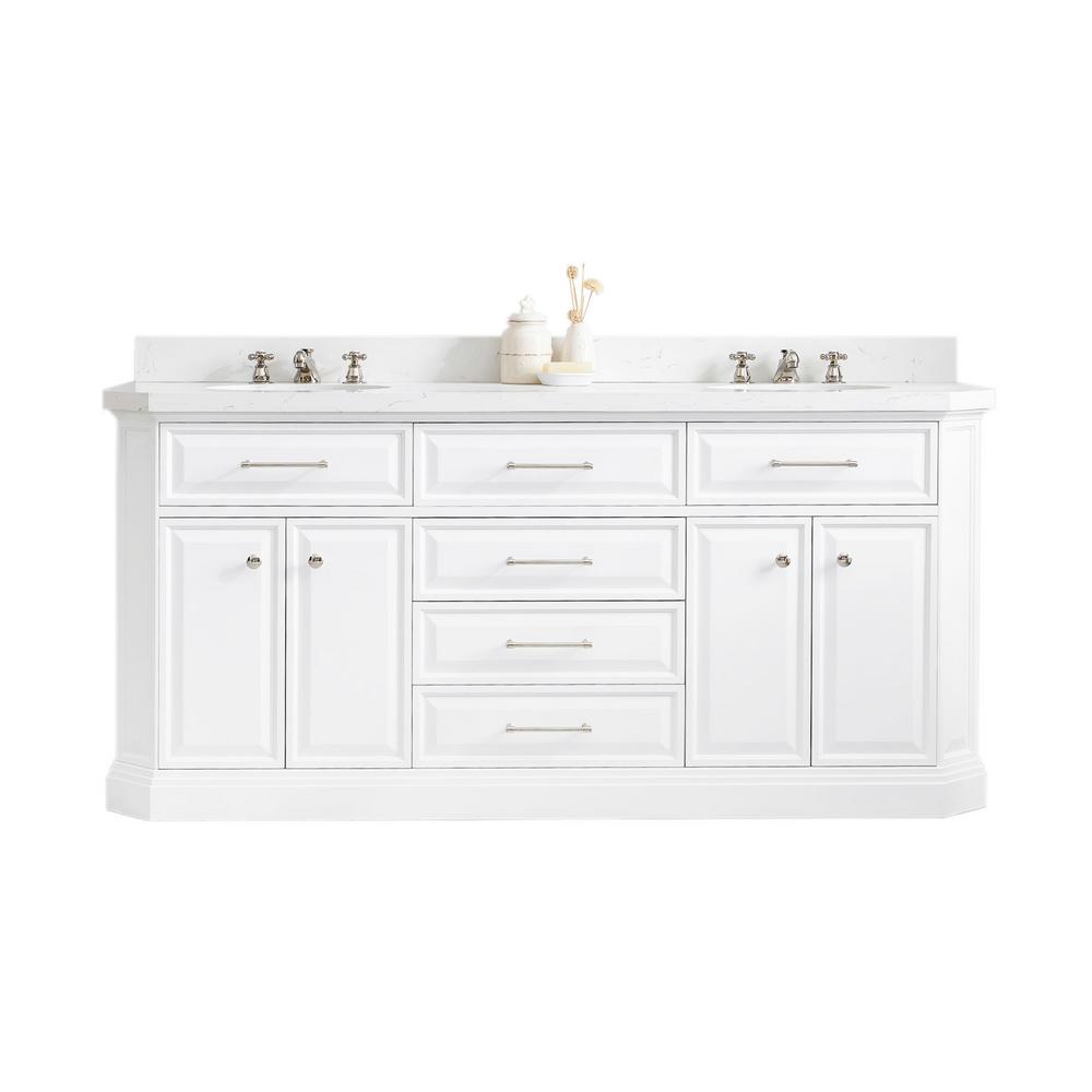 72" Palace Collection Quartz Carrara Pure White Bathroom Vanity Set With Hardware And F2-0009 Faucets in Polished Nickel (PVD) F