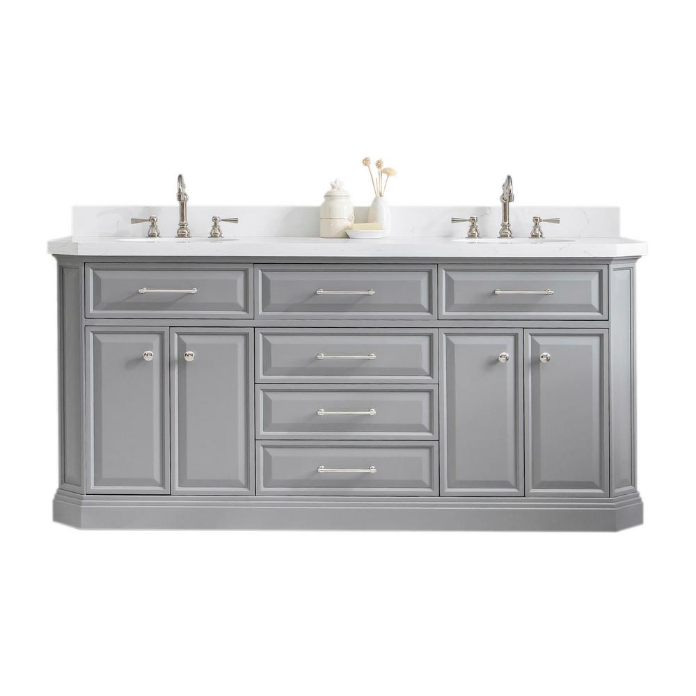 72" Palace Collection Quartz Carrara Cashmere Grey Bathroom Vanity Set With Hardware And F2-0012 Faucets in Polished Nickel (PVD